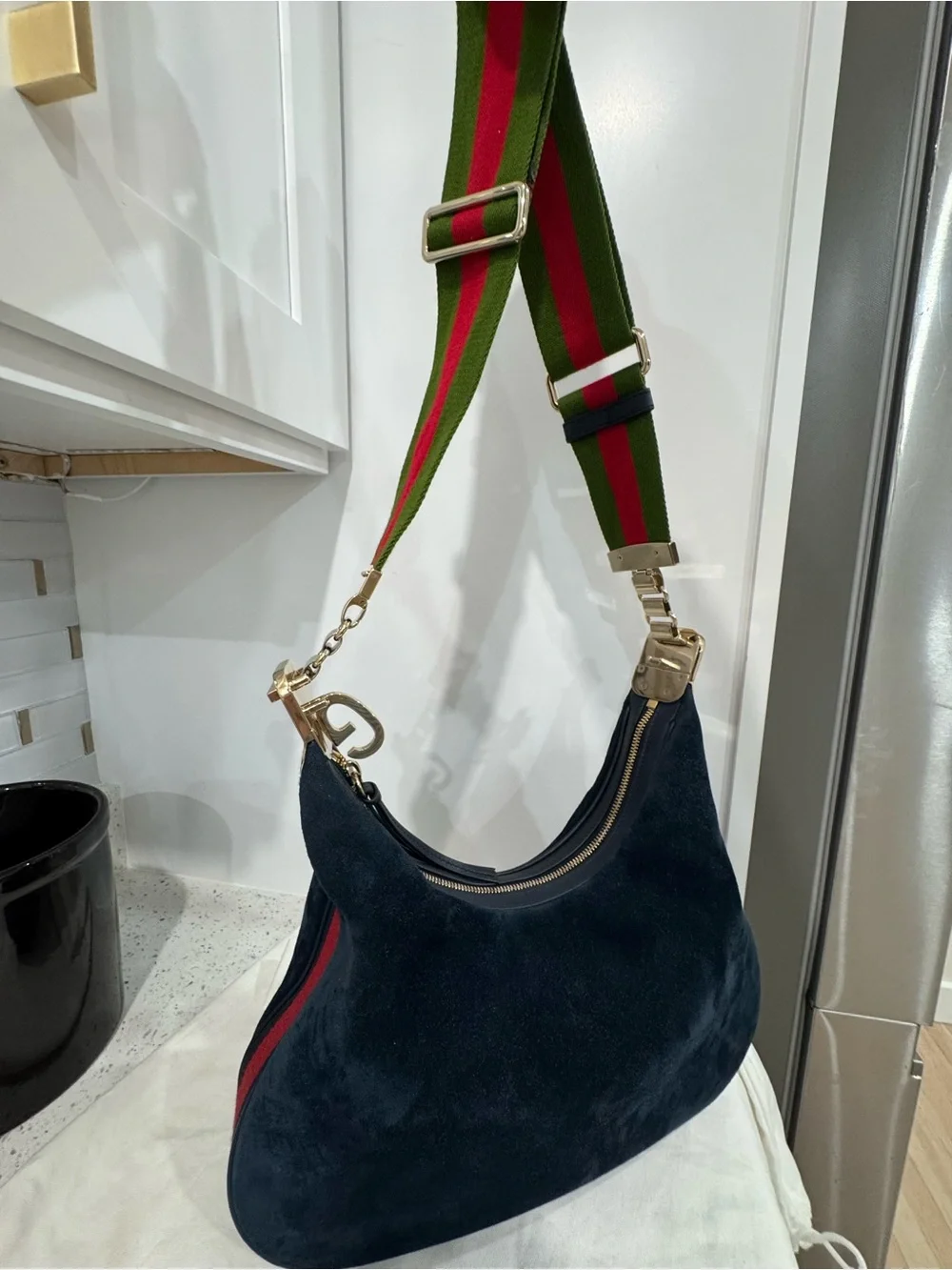 GUCCI Attache Web Suede Shoulder Bag Blue